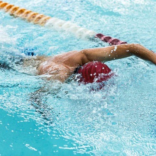 Young and healthy man swimming in an olympic pool. Man swimming very fast, frozen scene